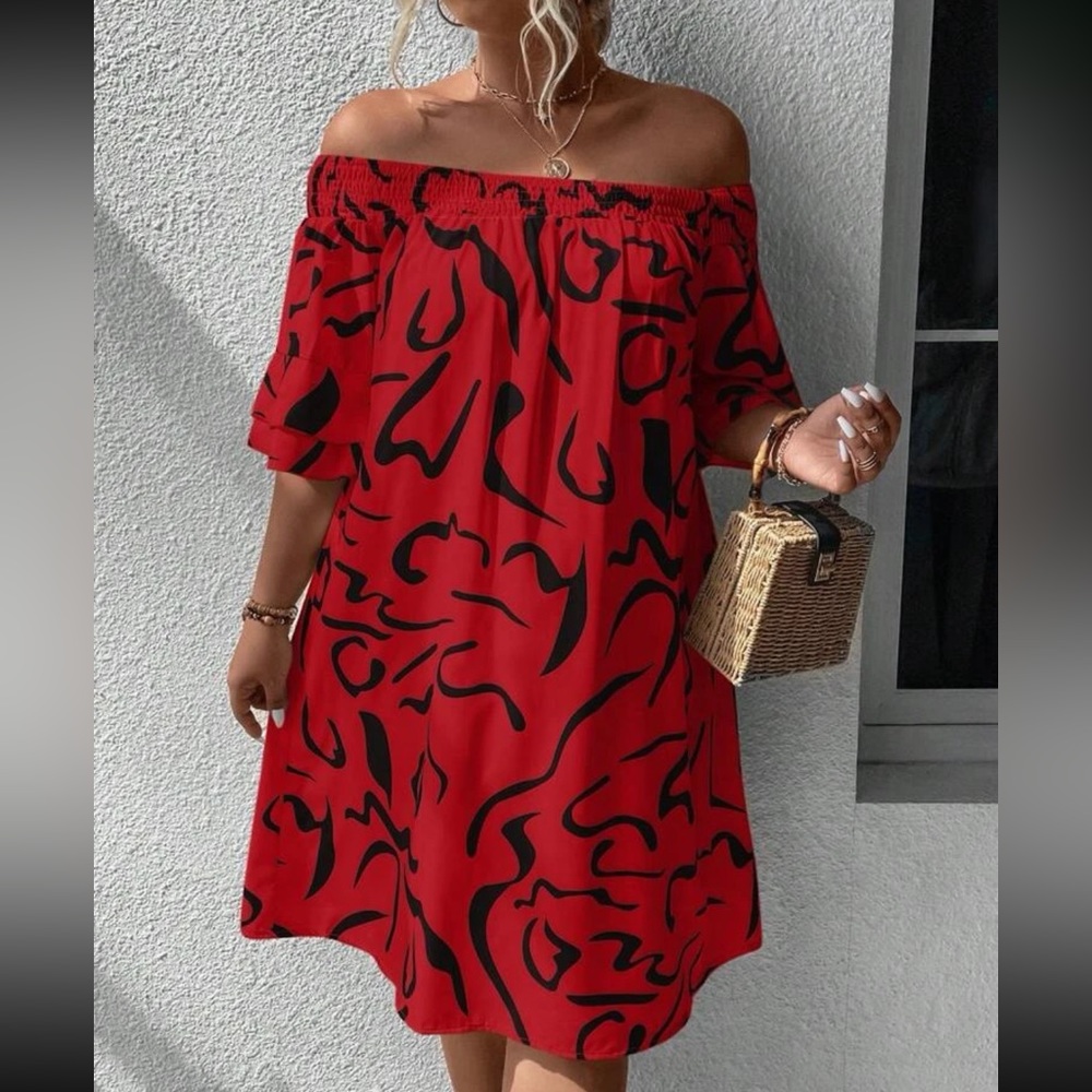Boho plus size off shoulder flounce sleeve dress - Picture 7 of 12